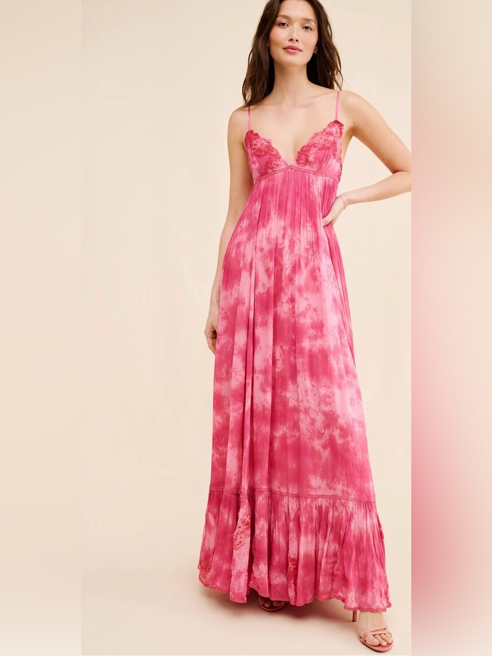 Free People Forever Fuschia Tie Dyed Lace Appliqué Ruffled Ethereal Maxi Dress M